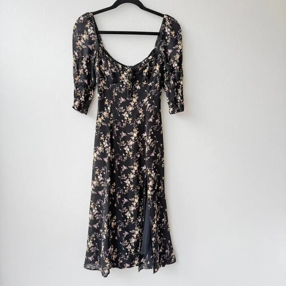 Reformation Clarissa Black Floral Midi Dress – Slit Crepe – Size M (US 6) - Picture 2 of 7
